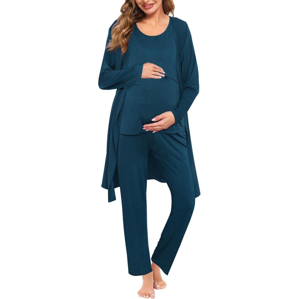 imageSWOMOG Maternity Nursing Robe Set 3 PCS Women Postpartum Pajamas Breastfeeding Labor Delivery Hospital Pregnancy PjsOxford Blue