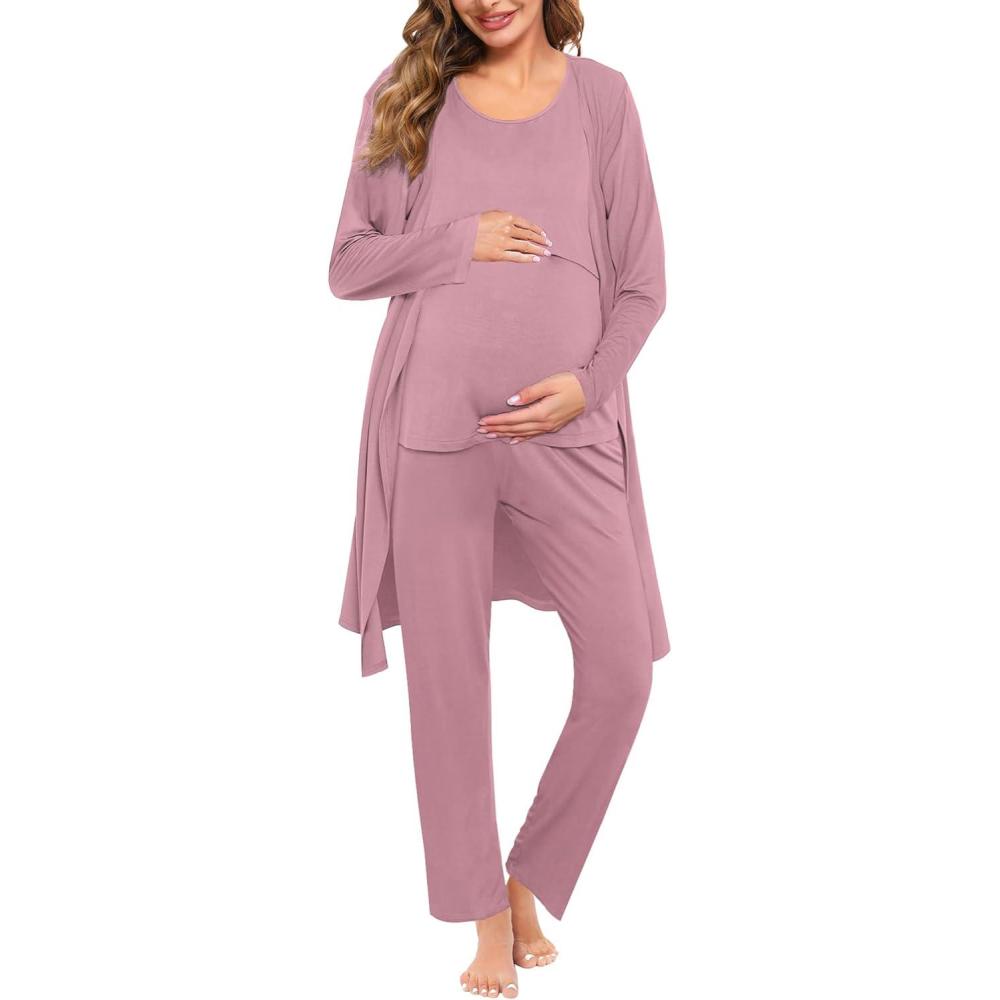 imageSWOMOG Maternity Nursing Robe Set 3 PCS Women Postpartum Pajamas Breastfeeding Labor Delivery Hospital Pregnancy PjsTaro Purple