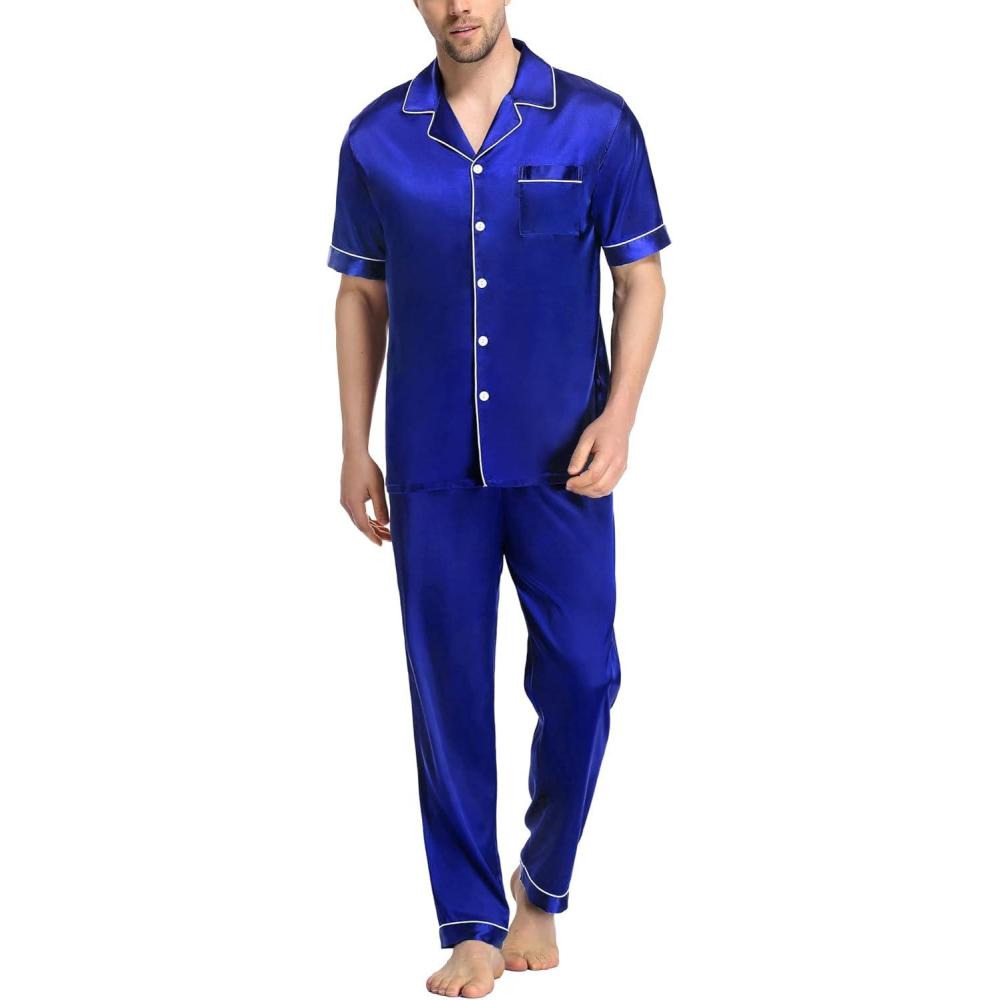 imageSWOMOG Mens Satin Pajama Set Short Sleeve Classic Sleepwear Button Down Silky Loungewear with Long PantsBlue