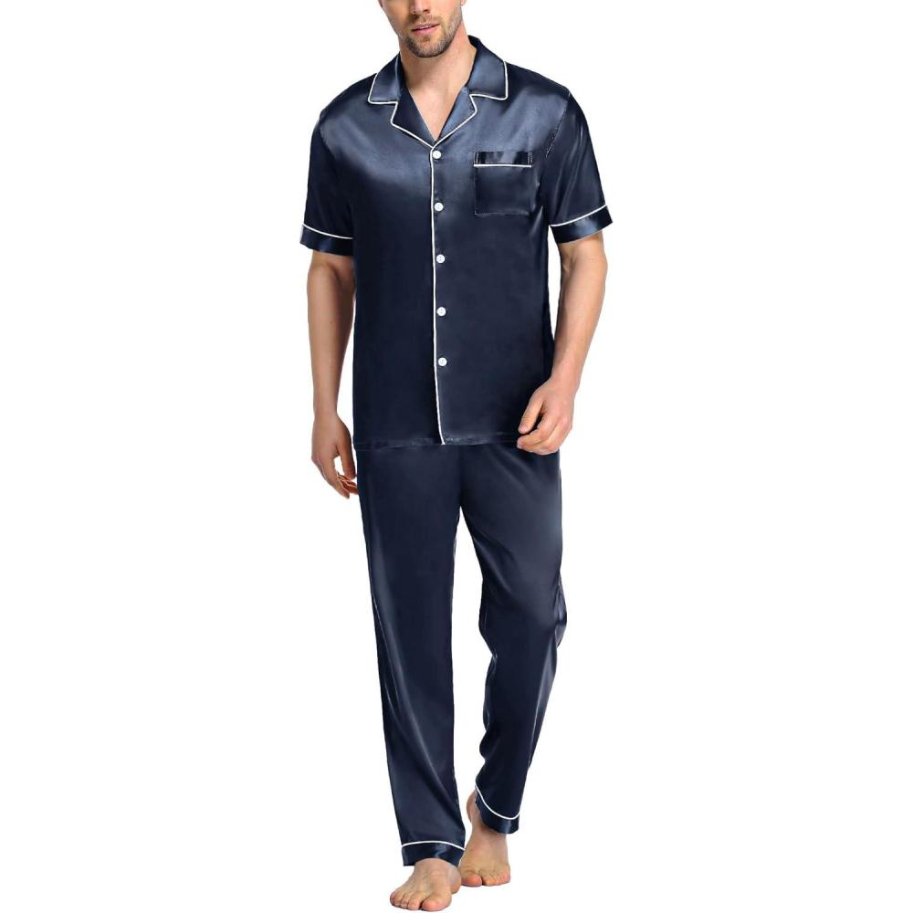 imageSWOMOG Mens Satin Pajama Set Short Sleeve Classic Sleepwear Button Down Silky Loungewear with Long PantsDeep Grey