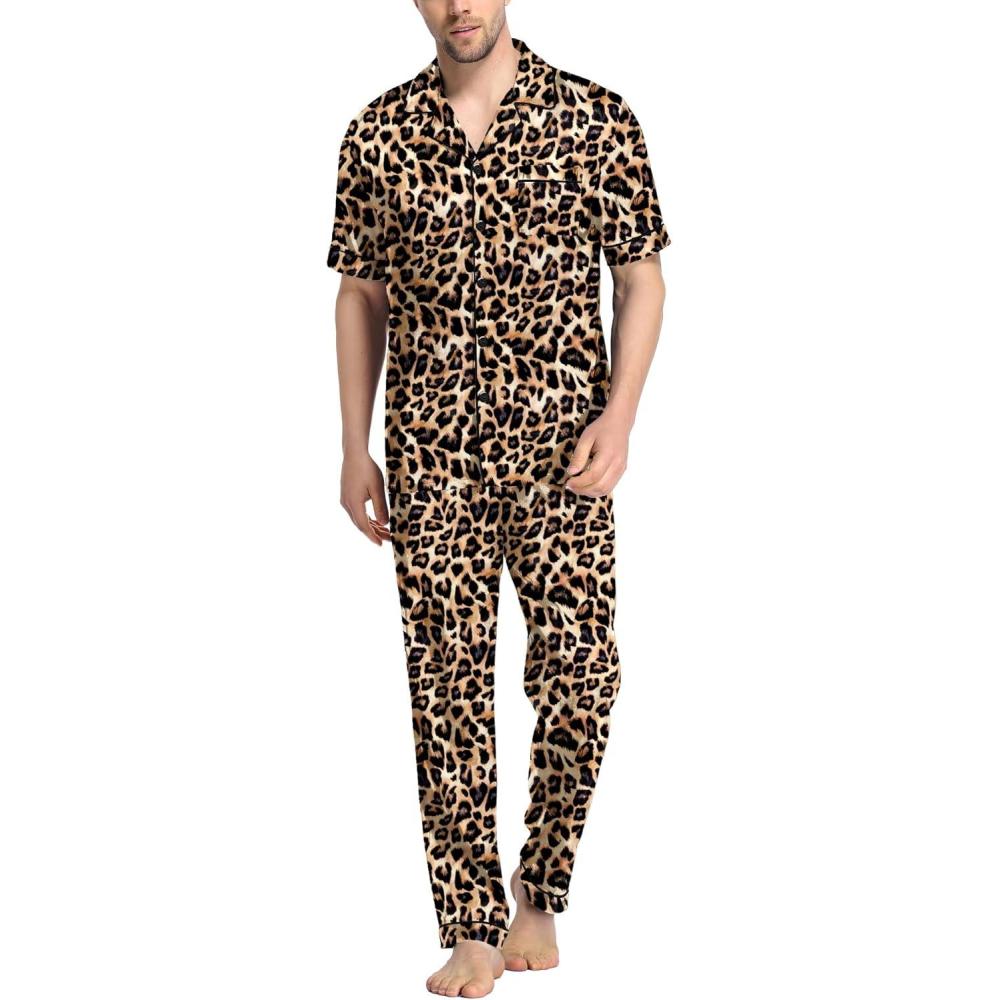 imageSWOMOG Mens Satin Pajama Set Short Sleeve Classic Sleepwear Button Down Silky Loungewear with Long PantsLeopard Print