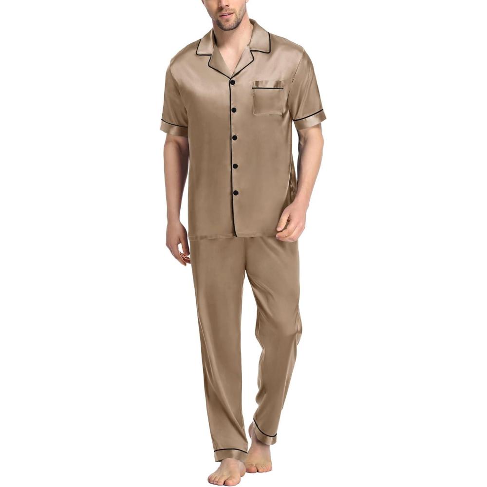 imageSWOMOG Mens Satin Pajama Set Short Sleeve Classic Sleepwear Button Down Silky Loungewear with Long PantsOpaue Couche