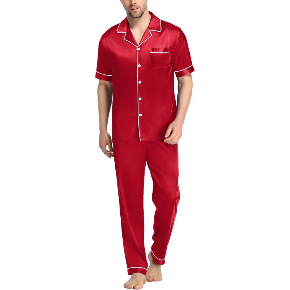 imageSWOMOG Mens Satin Pajama Set Short Sleeve Classic Sleepwear Button Down Silky Loungewear with Long PantsRed
