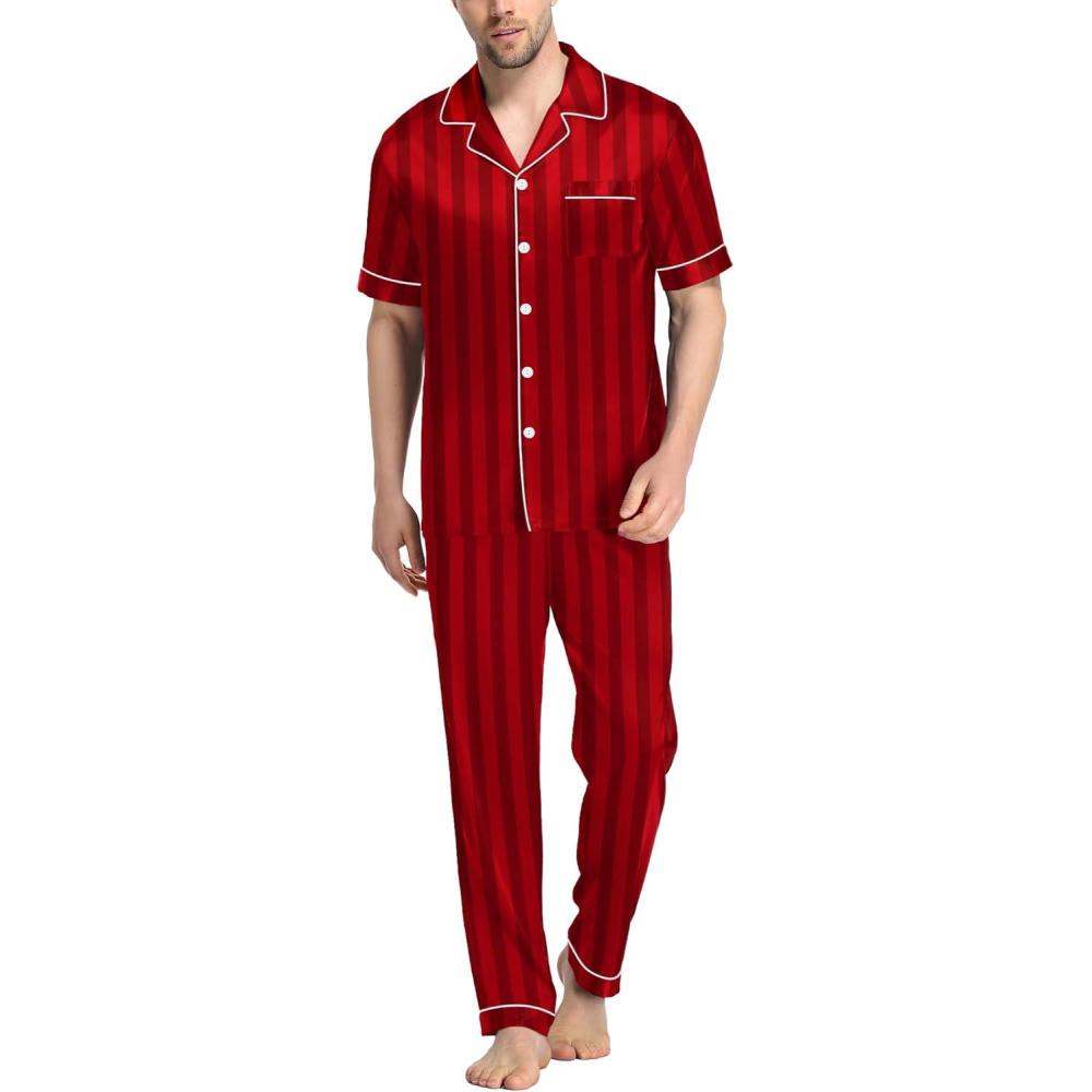imageSWOMOG Mens Satin Pajama Set Short Sleeve Classic Sleepwear Button Down Silky Loungewear with Long PantsRed Stripes