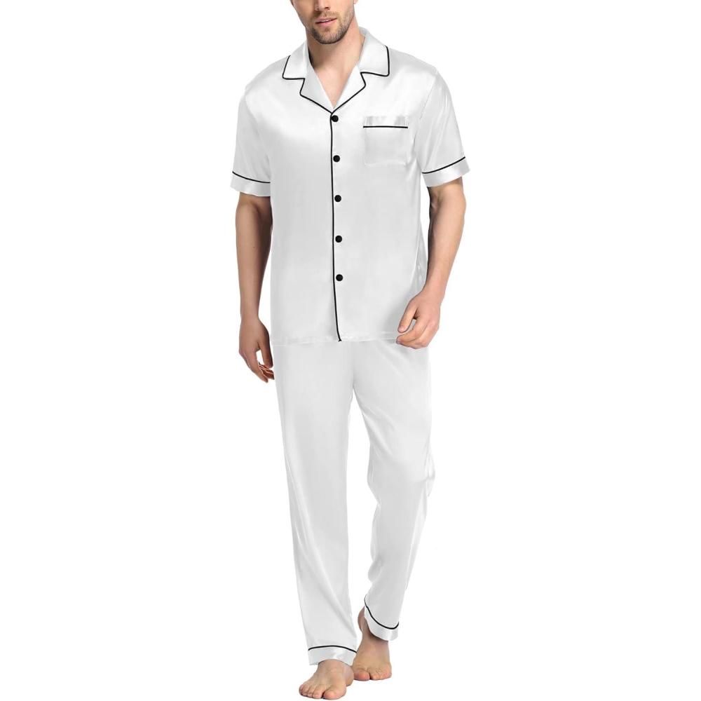 imageSWOMOG Mens Satin Pajama Set Short Sleeve Classic Sleepwear Button Down Silky Loungewear with Long PantsWhite