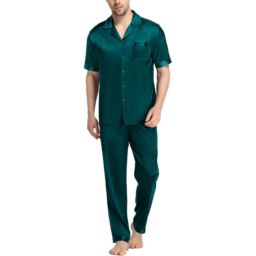 imageSWOMOG Mens Satin Pajama Set Short Sleeve Classic Sleepwear Button Down Silky Loungewear with Long PantsZ Solid Deep Green With Drawstrings