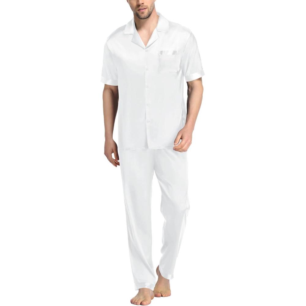imageSWOMOG Mens Satin Pajama Set Short Sleeve Classic Sleepwear Button Down Silky Loungewear with Long PantsZ  Solid White  With Drawstrings