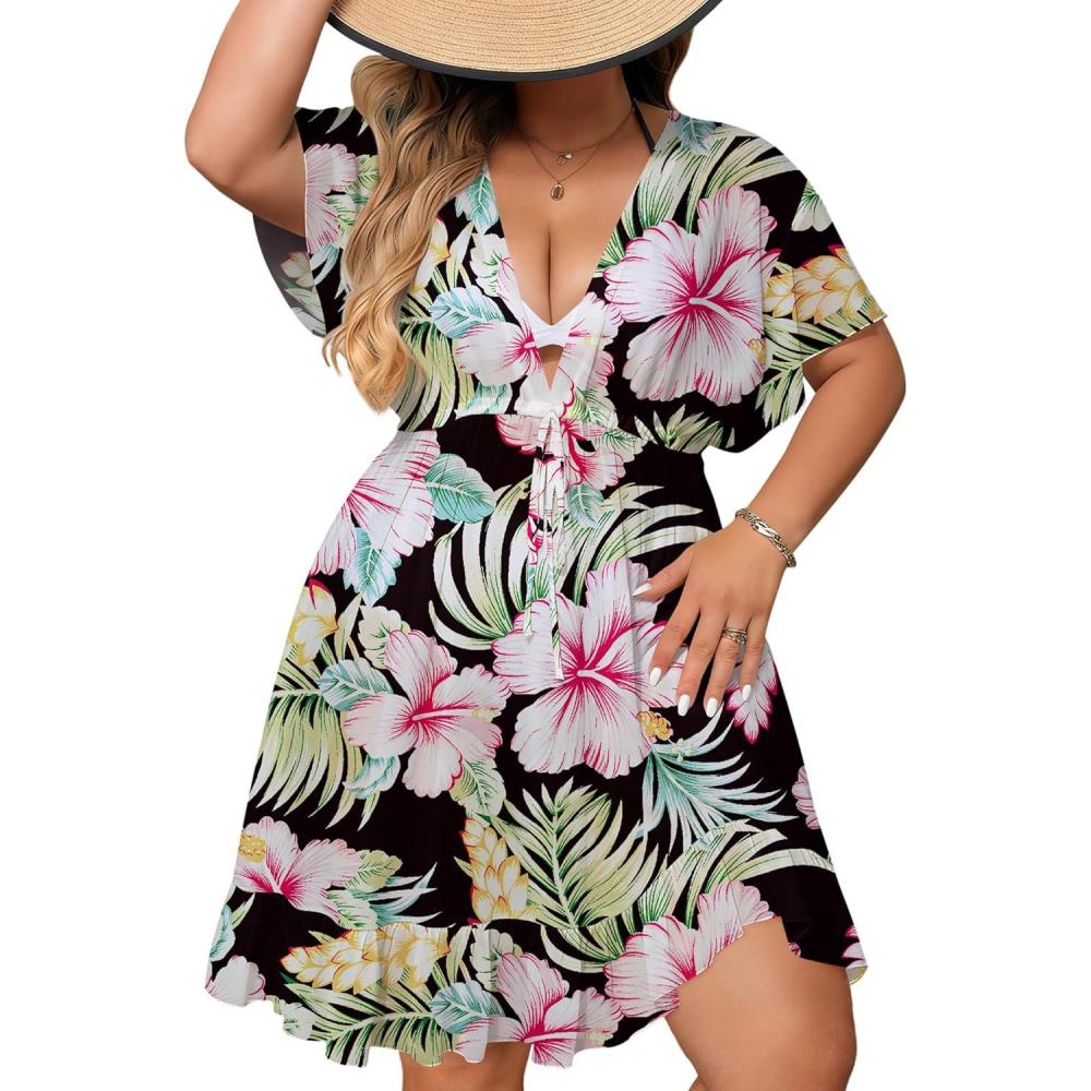 imageSWOMOG Plus Size Women Swimsuit Cover Up V Neck Short Sleeve Beachwear Bikini Bathing Suit Cover Summer Beach DressBlack Green Flower
