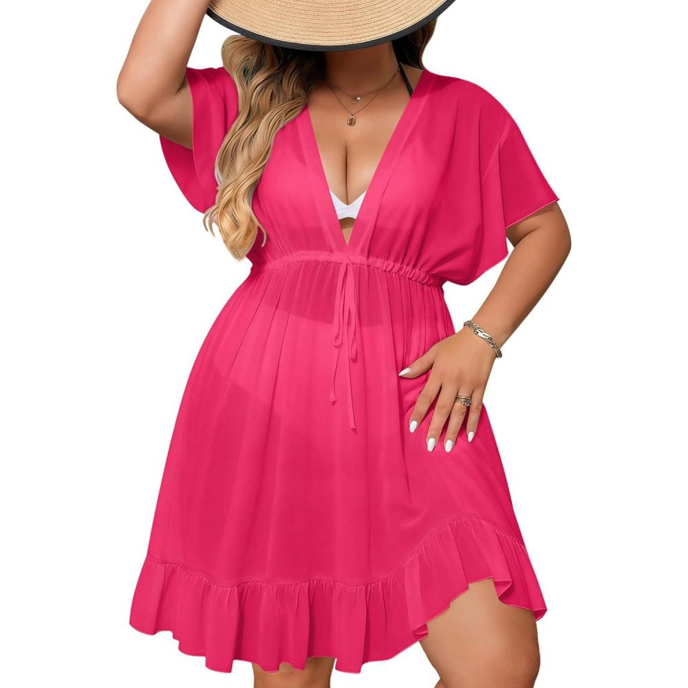 imageSWOMOG Plus Size Women Swimsuit Cover Up V Neck Short Sleeve Beachwear Bikini Bathing Suit Cover Summer Beach DressRose Red