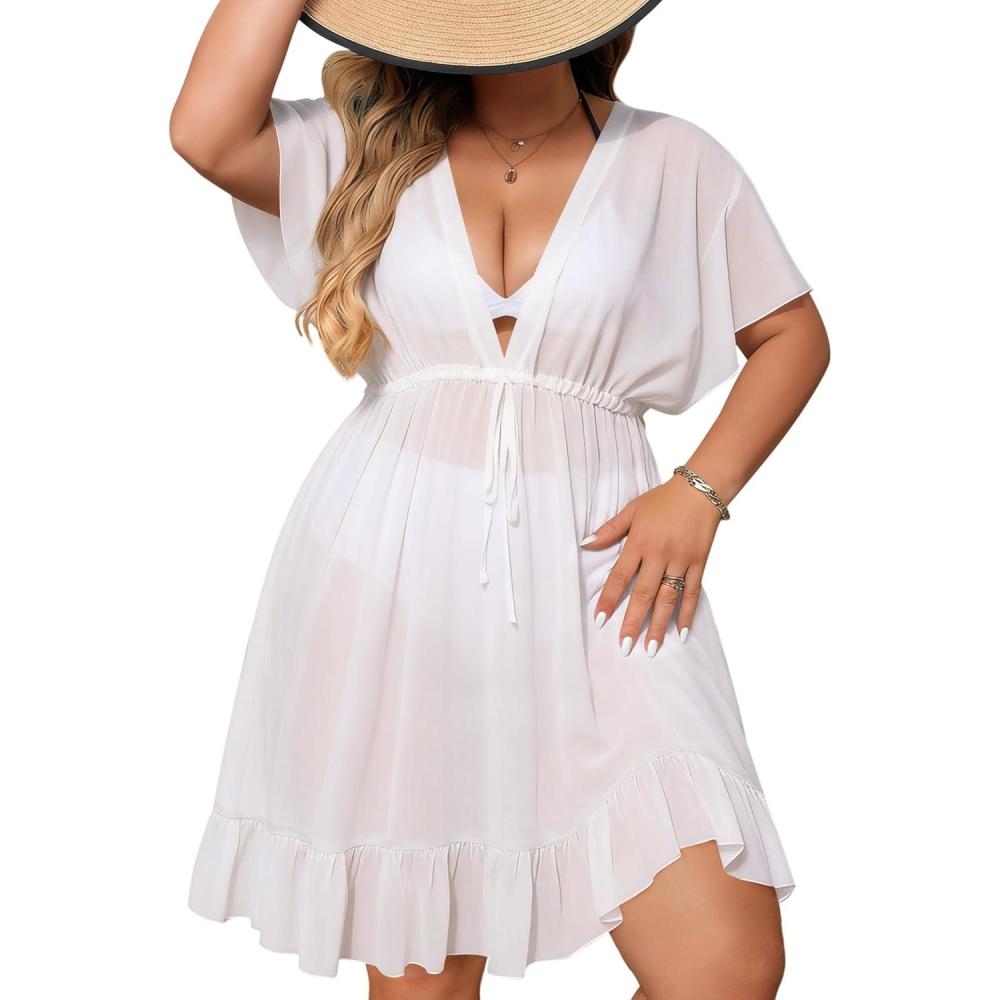 imageSWOMOG Plus Size Women Swimsuit Cover Up V Neck Short Sleeve Beachwear Bikini Bathing Suit Cover Summer Beach DressWhite