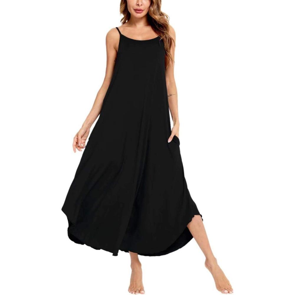 imageSWOMOG Women Long Nightgown Pajama Dress Soft Strap Nightdress Summer Sleeveless Nightshirt Lounge Dress with PocketsBlack