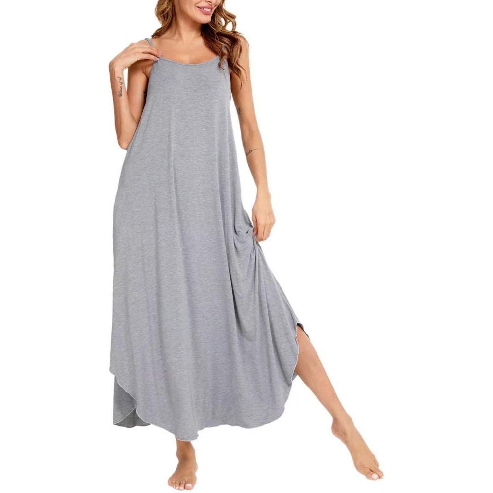 imageSWOMOG Women Long Nightgown Pajama Dress Soft Strap Nightdress Summer Sleeveless Nightshirt Lounge Dress with PocketsGrey