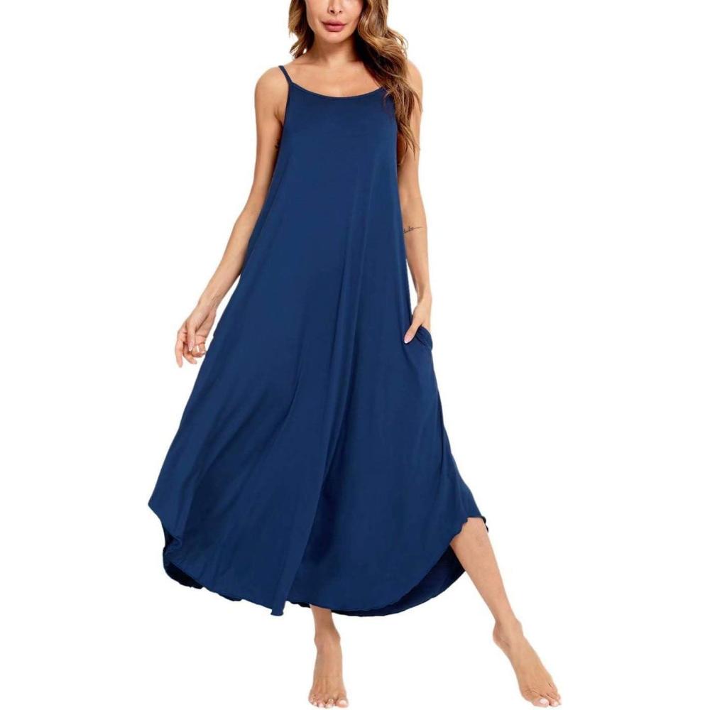 imageSWOMOG Women Long Nightgown Pajama Dress Soft Strap Nightdress Summer Sleeveless Nightshirt Lounge Dress with PocketsNavy Blue