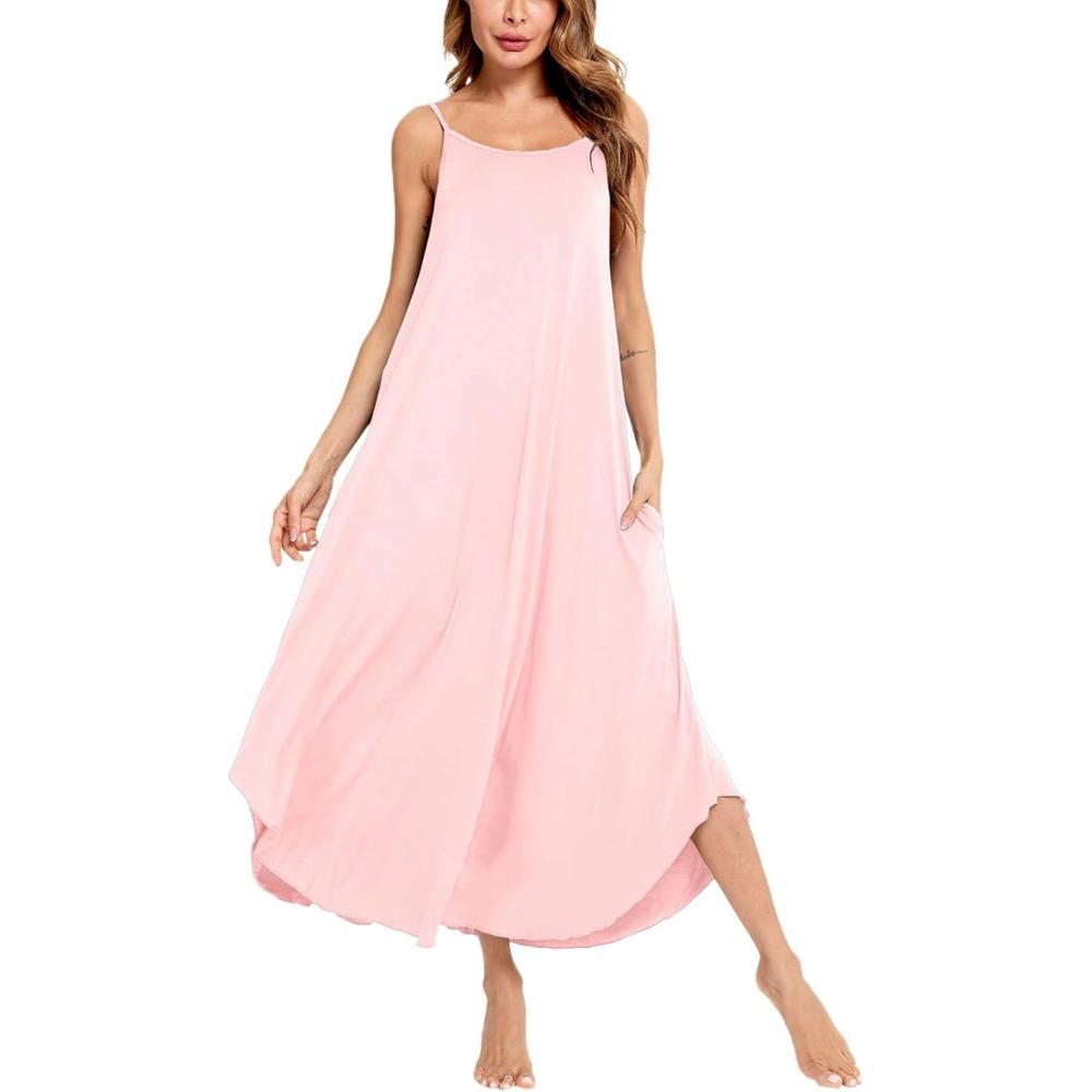 imageSWOMOG Women Long Nightgown Pajama Dress Soft Strap Nightdress Summer Sleeveless Nightshirt Lounge Dress with PocketsPink
