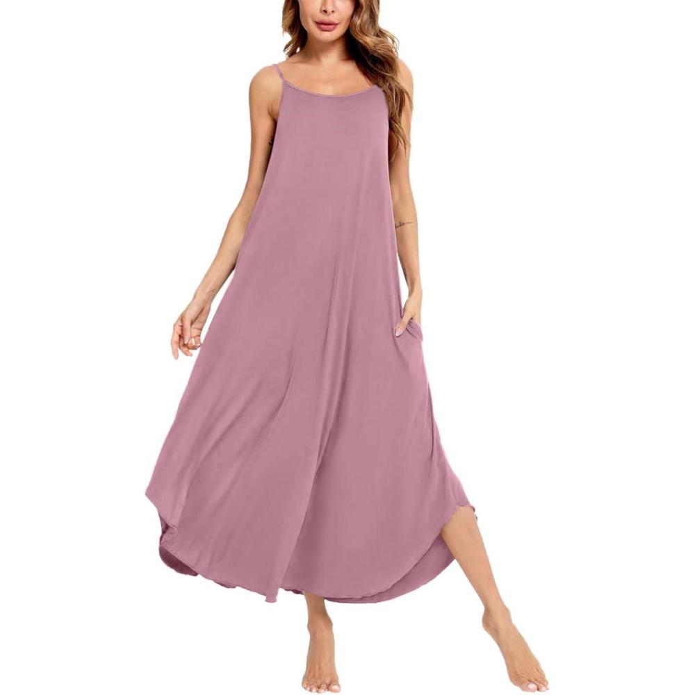 imageSWOMOG Women Long Nightgown Pajama Dress Soft Strap Nightdress Summer Sleeveless Nightshirt Lounge Dress with PocketsTaropurple