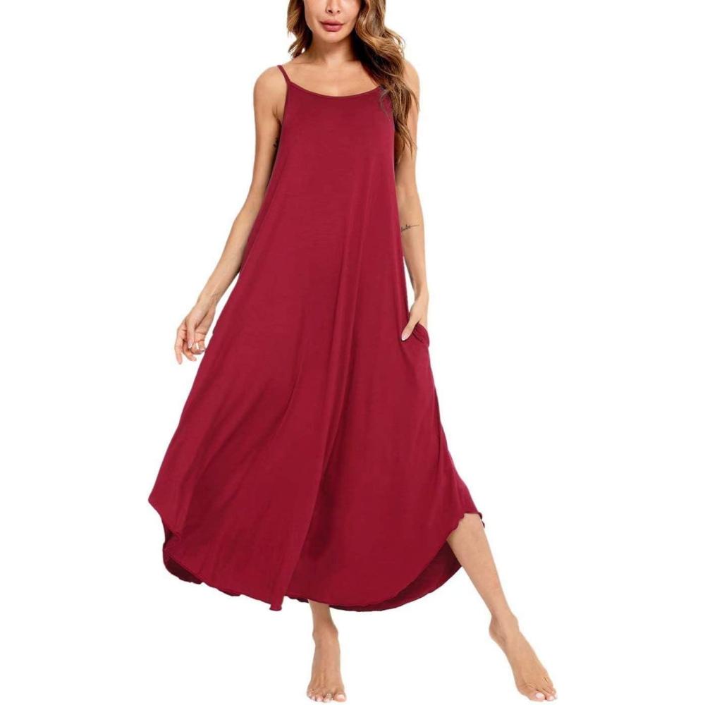 imageSWOMOG Women Long Nightgown Pajama Dress Soft Strap Nightdress Summer Sleeveless Nightshirt Lounge Dress with PocketsWine Red