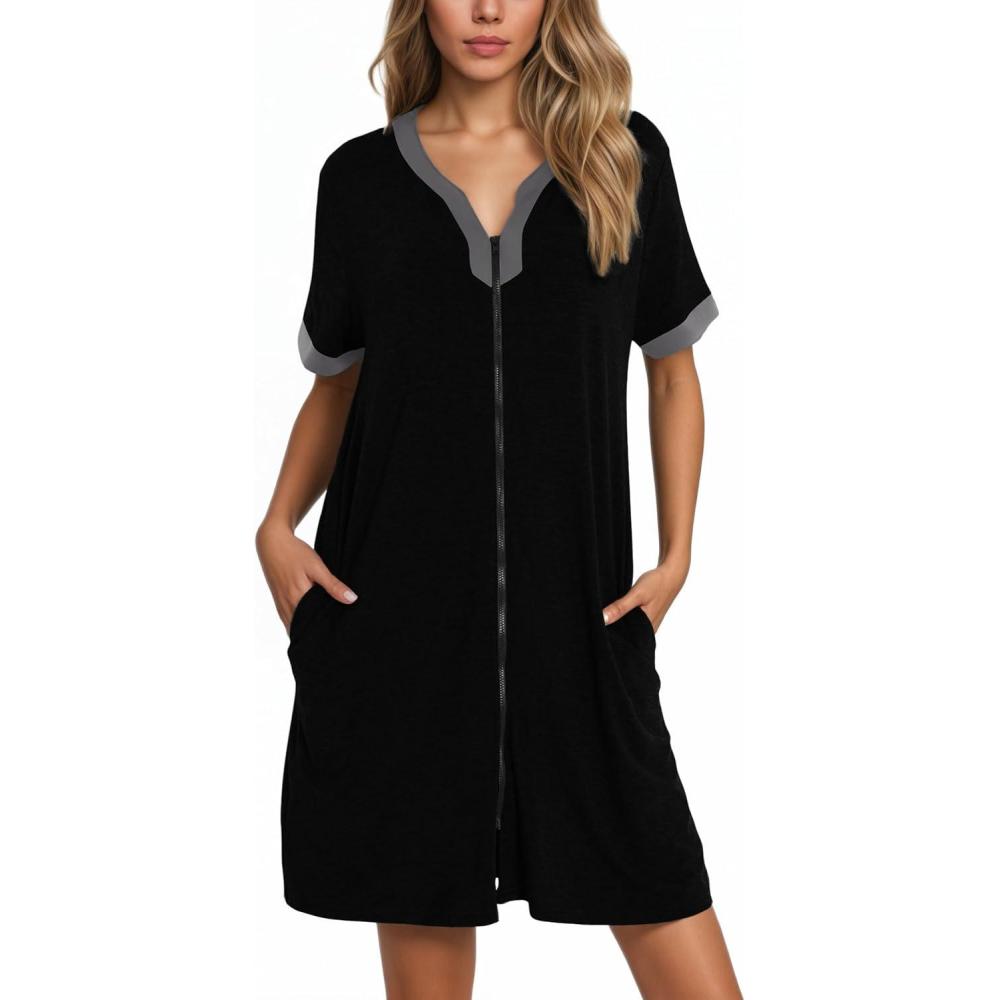 imageSWOMOG Women Zipper Front House Coat Short Sleeves Robe Zip up Bathrobes Short Nightgown with Pockets S3XLBlack