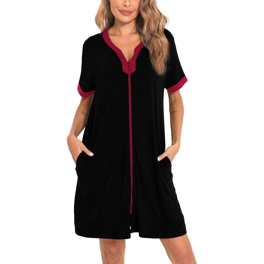 imageSWOMOG Women Zipper Front House Coat Short Sleeves Robe Zip up Bathrobes Short Nightgown with Pockets S3XLBlack Red Trim