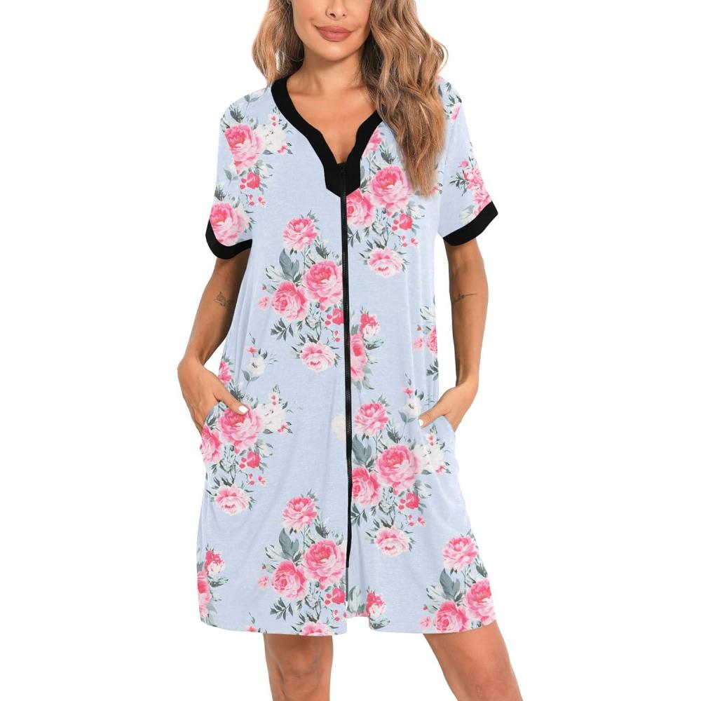 imageSWOMOG Women Zipper Front House Coat Short Sleeves Robe Zip up Bathrobes Short Nightgown with Pockets S3XLBlue Flower