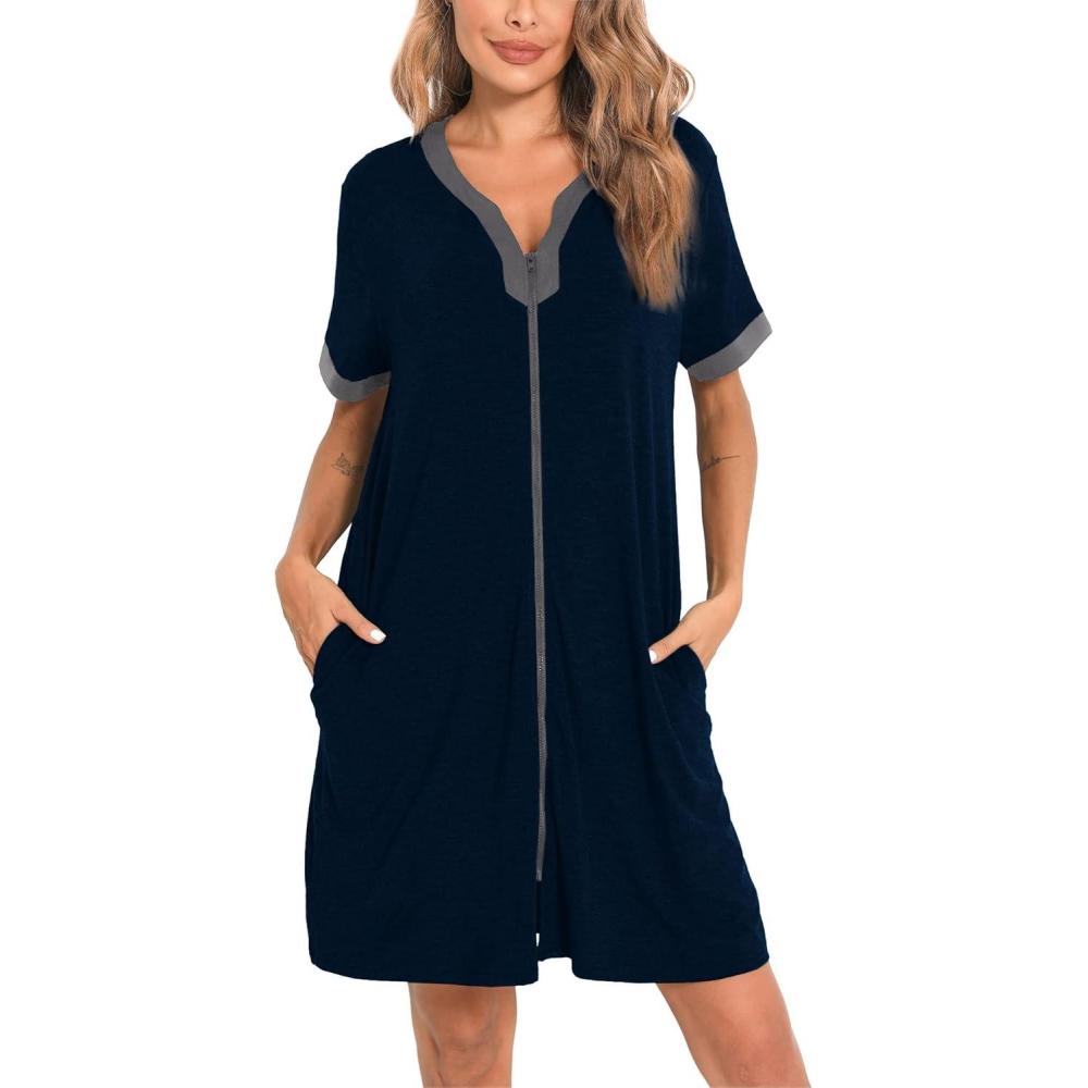 imageSWOMOG Women Zipper Front House Coat Short Sleeves Robe Zip up Bathrobes Short Nightgown with Pockets S3XLDeep Navy Blue