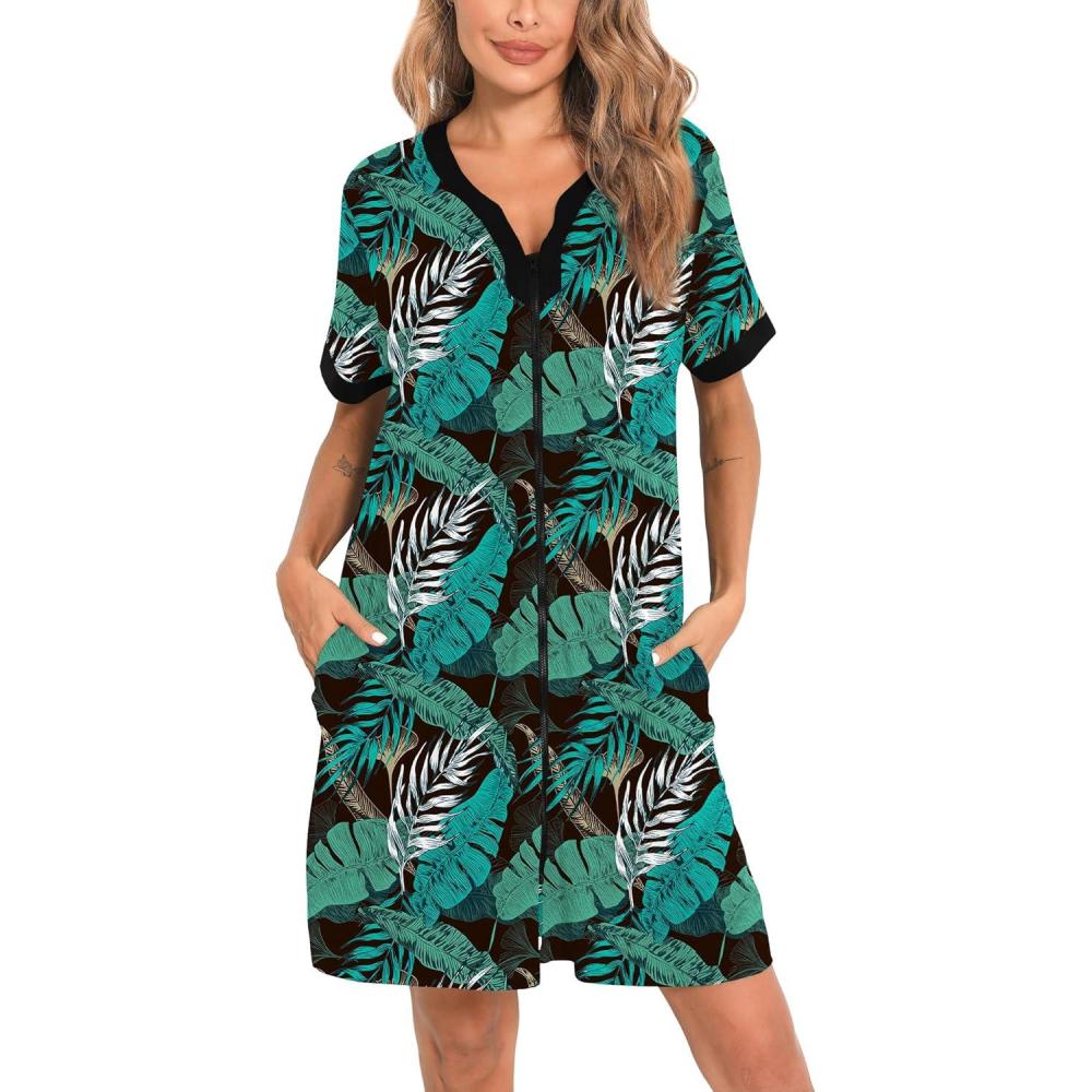imageSWOMOG Women Zipper Front House Coat Short Sleeves Robe Zip up Bathrobes Short Nightgown with Pockets S3XLGreen Leaves