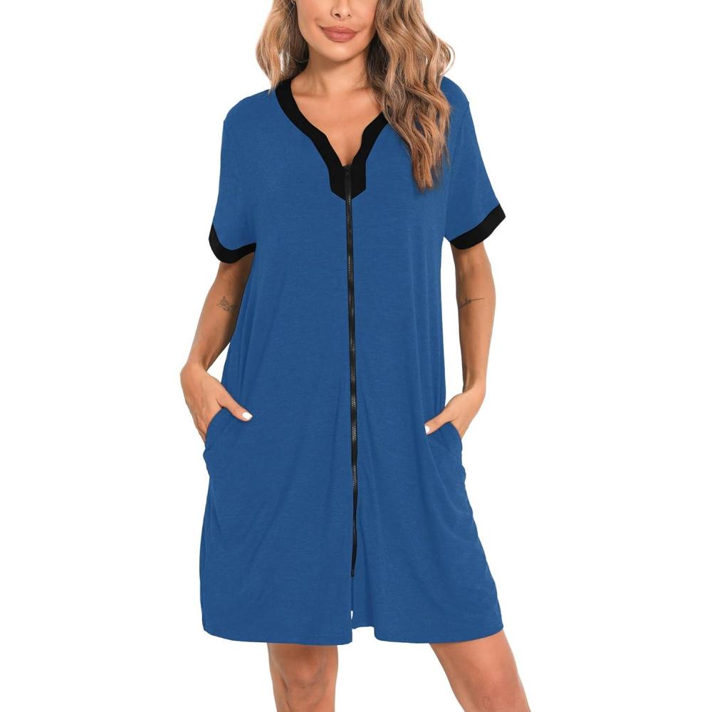 imageSWOMOG Women Zipper Front House Coat Short Sleeves Robe Zip up Bathrobes Short Nightgown with Pockets S3XLNavy