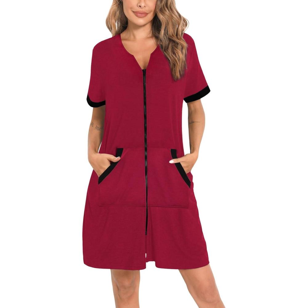 imageSWOMOG Women Zipper Front House Coat Short Sleeves Robe Zip up Bathrobes Short Nightgown with Pockets S3XLZwine Red