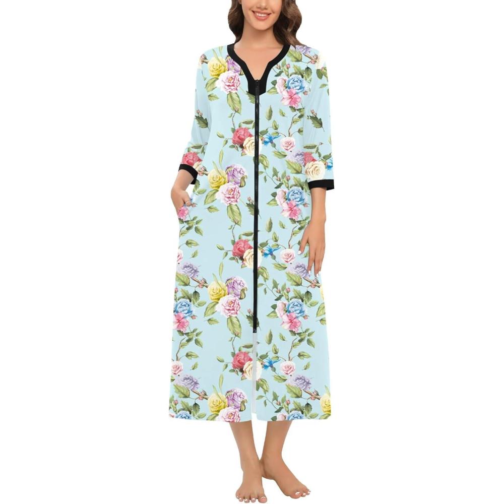 imageSWOMOG Women Zipper Robe Long Housecoat Zip Up Bathrobes Full Length Nightgown Loungewear with Pockets S3XLFloral Green