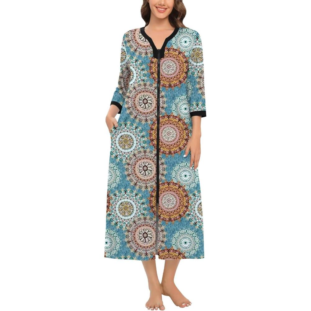 imageSWOMOG Women Zipper Robe Long Housecoat Zip Up Bathrobes Full Length Nightgown Loungewear with Pockets S3XLFloral Mandala