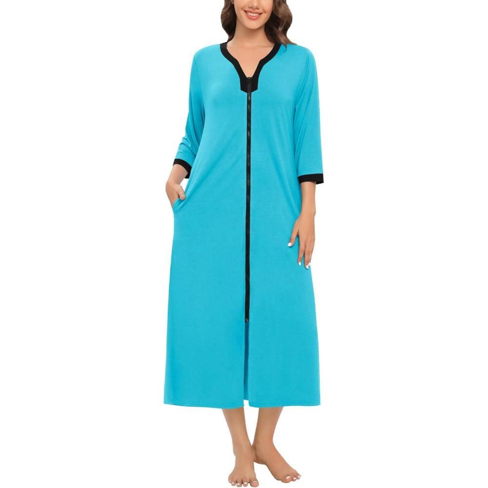 imageSWOMOG Women Zipper Robe Long Housecoat Zip Up Bathrobes Full Length Nightgown Loungewear with Pockets S3XLPeacock Blue