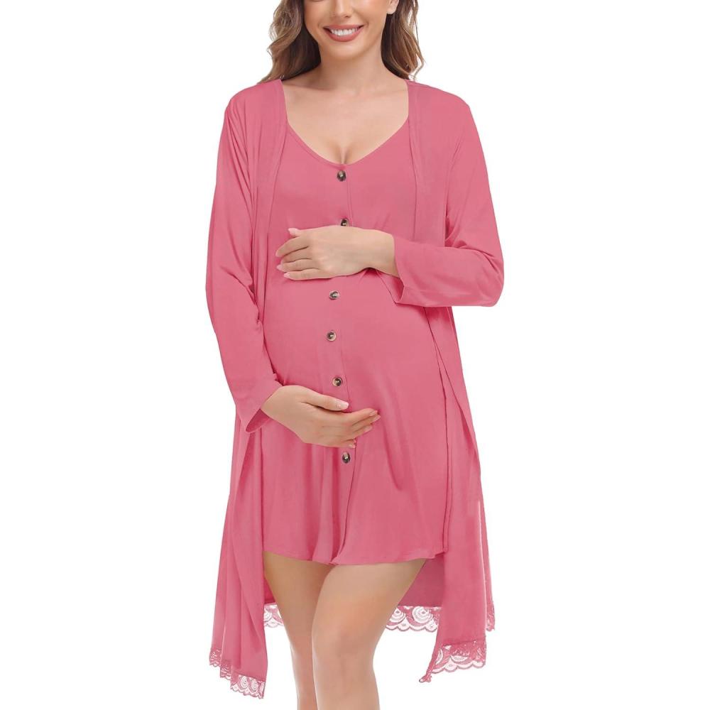 imageSWOMOG Womens Maternity Nursing Nightgown and Lace Robe Set 3 in 1 Labor Delivery Button Down Nursing Dress 2 Piece SleepwearCoral