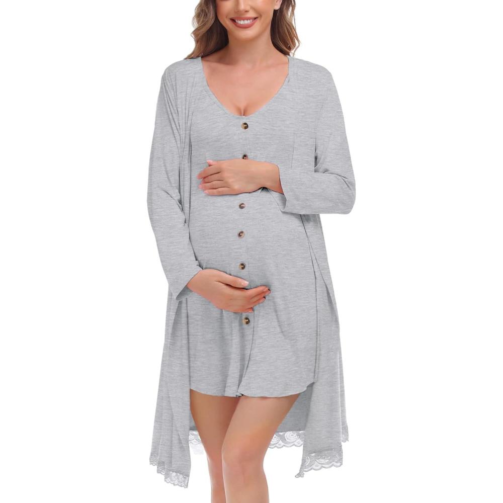 imageSWOMOG Womens Maternity Nursing Nightgown and Lace Robe Set 3 in 1 Labor Delivery Button Down Nursing Dress 2 Piece SleepwearGrey
