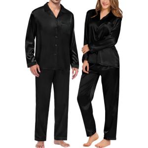 SWOMOG Couples Pajamas Womens &Mens Matching Pajamas Set Silk Satin Pj Set Long Sleeve Button Down Sleepwear 2 Pcs Loungewear(Black)