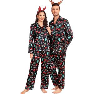 SWOMOG Couples Pajamas Womens &Mens Matching Pajamas Set Silk Satin Pj Set Long Sleeve Button Down Sleepwear 2 Pcs Loungewear(Black Chirstmas Pattern)