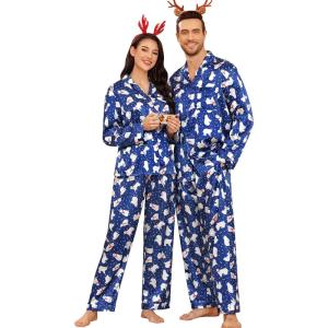 SWOMOG Couples Pajamas Womens &Mens Matching Pajamas Set Silk Satin Pj Set Long Sleeve Button Down Sleepwear 2 Pcs Loungewear(Christmas Polar Bear)