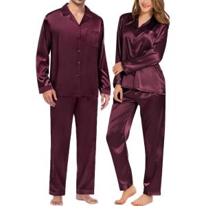 SWOMOG Couples Pajamas Womens &Mens Matching Pajamas Set Silk Satin Pj Set Long Sleeve Button Down Sleepwear 2 Pcs Loungewear(Deep Wine Red)