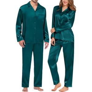 SWOMOG Couples Pajamas Womens &Mens Matching Pajamas Set Silk Satin Pj Set Long Sleeve Button Down Sleepwear 2 Pcs Loungewear(Green)