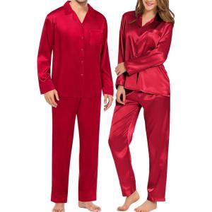 SWOMOG Couples Pajamas Womens &Mens Matching Pajamas Set Silk Satin Pj Set Long Sleeve Button Down Sleepwear 2 Pcs Loungewear(Red)