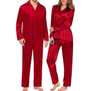 SWOMOG Couples Pajamas Womens &Mens Matching Pajamas Set Silk Satin Pj Set Long Sleeve Button Down Sleepwear 2 Pcs Loungewear(Red Striped)