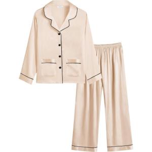 SWOMOG Girls Satin Pajamas Set Silk Button Down Pjs Set 2 Pieces Short Sleeve Kids Strawberry Sleepwear 4-15Y(2pcs-long Sleeve Champagne)