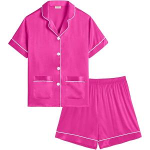 SWOMOG Girls Satin Pajamas Set Silk Button Down Pjs Set 2 Pieces Short Sleeve Kids Strawberry Sleepwear 4-15Y(2pcs-short Sleeve Rose Red)
