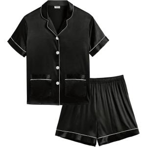 SWOMOG Girls Satin Pajamas Set Silk Button Down Pjs Set 2 Pieces Short Sleeve Kids Strawberry Sleepwear 4-15Y(Black)