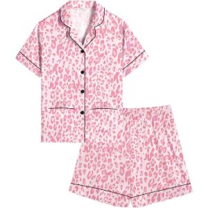 SWOMOG Girls Satin Pajamas Set Silk Button Down Pjs Set 2 Pieces Short Sleeve Kids Strawberry Sleepwear 4-15Y(Pink Leopard)