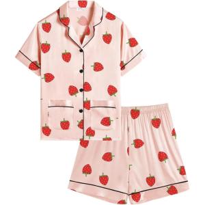 SWOMOG Girls Satin Pajamas Set Silk Button Down Pjs Set 2 Pieces Short Sleeve Kids Strawberry Sleepwear 4-15Y(Strawberry)