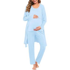 SWOMOG Maternity Nursing Robe Set 3 PCS Women Postpartum Pajamas Breastfeeding Labor Delivery Hospital Pregnancy Pjs(Baby Blue)