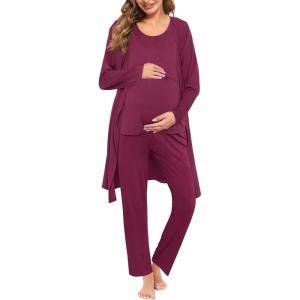 SWOMOG Maternity Nursing Robe Set 3 PCS Women Postpartum Pajamas Breastfeeding Labor Delivery Hospital Pregnancy Pjs(Burgundy)
