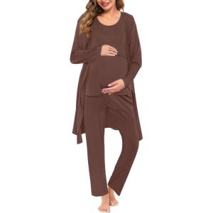 SWOMOG Maternity Nursing Robe Set 3 PCS Women Postpartum Pajamas Breastfeeding Labor Delivery Hospital Pregnancy Pjs(Coffee)