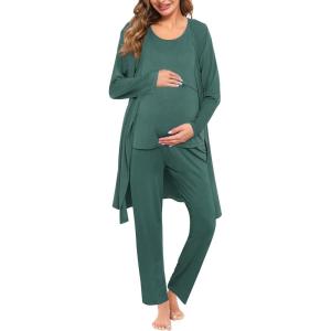 SWOMOG Maternity Nursing Robe Set 3 PCS Women Postpartum Pajamas Breastfeeding Labor Delivery Hospital Pregnancy Pjs(Deep Green)