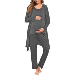 SWOMOG Maternity Nursing Robe Set 3 PCS Women Postpartum Pajamas Breastfeeding Labor Delivery Hospital Pregnancy Pjs(Deep Grey)