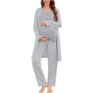 SWOMOG Maternity Nursing Robe Set 3 PCS Women Postpartum Pajamas Breastfeeding Labor Delivery Hospital Pregnancy Pjs(Grey Striped)